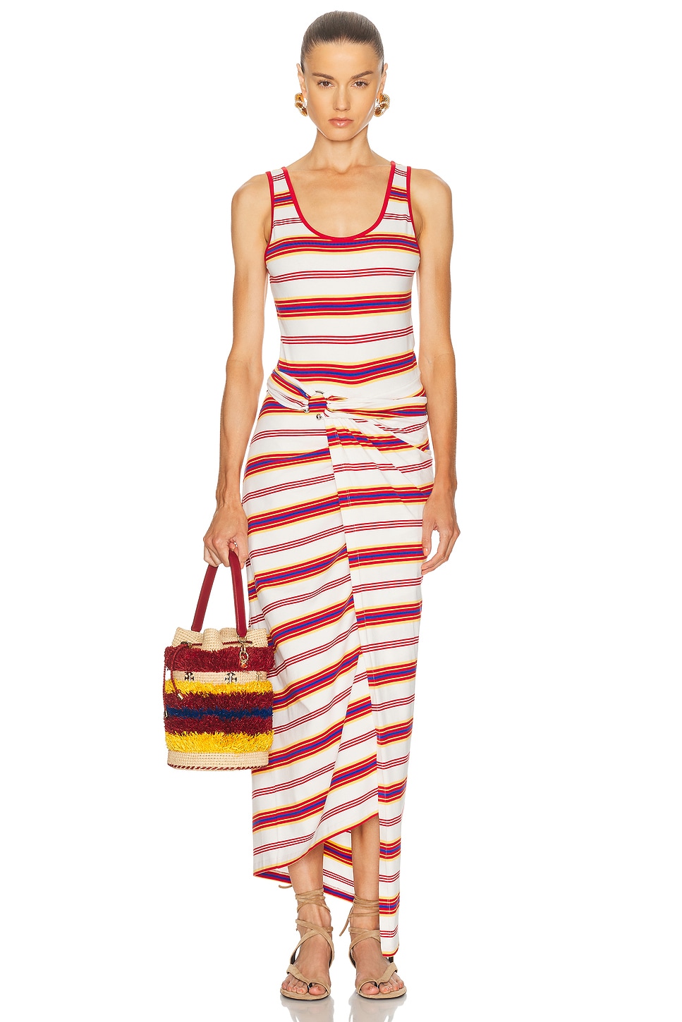 RABANNE Sleeveless Wrap Long Dress in Stripes Cream & Orange - White,Red.  42 also in