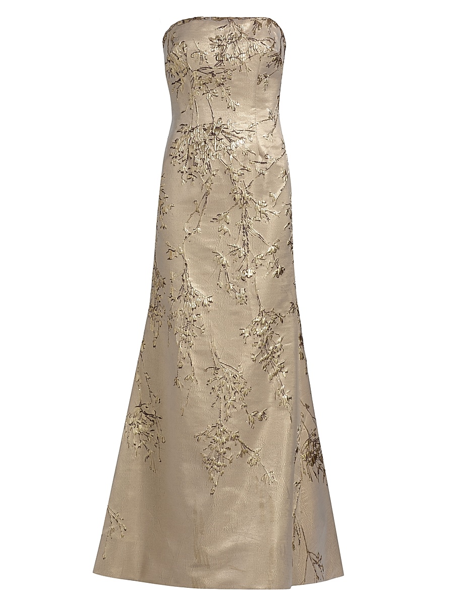 Women's Floral Brocade Strapless Fit & Flare Gown - Gold