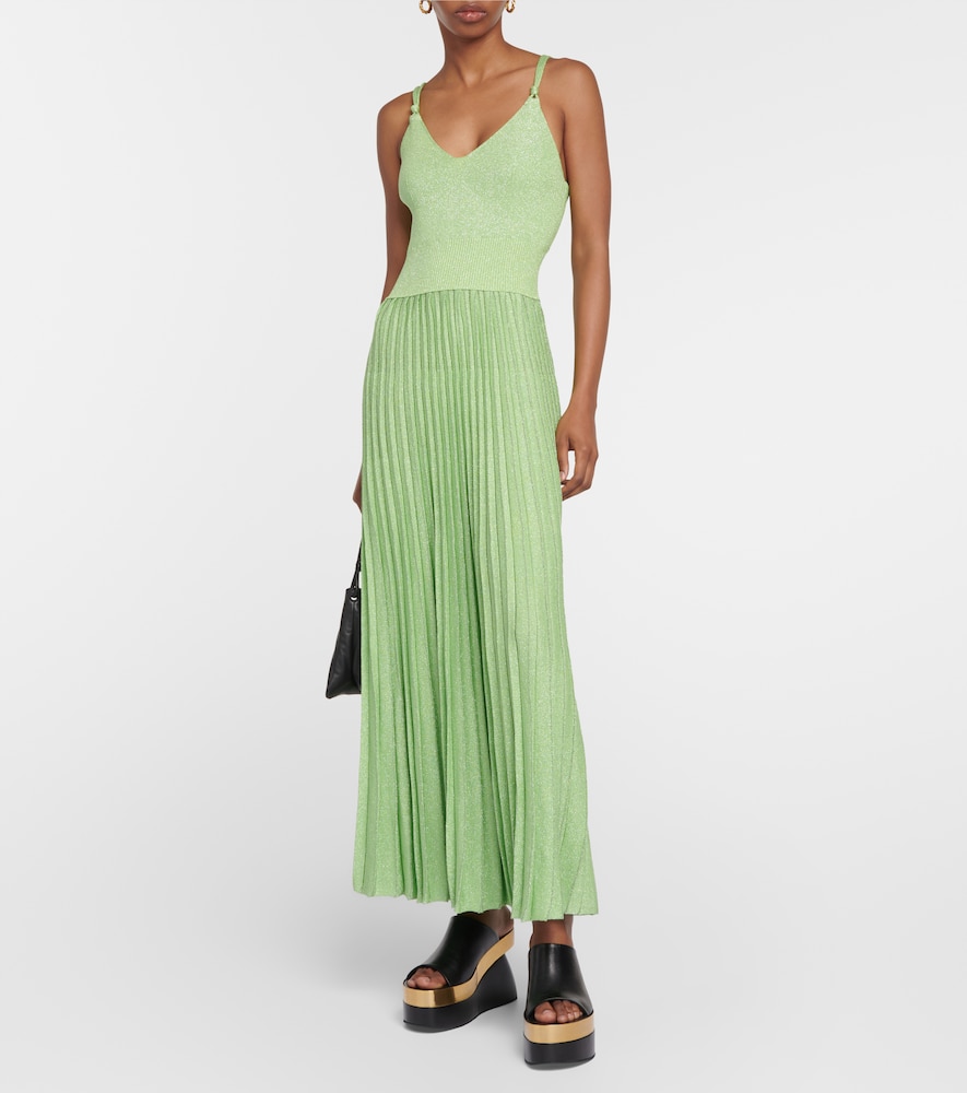 Pleated metallic knit maxi dress