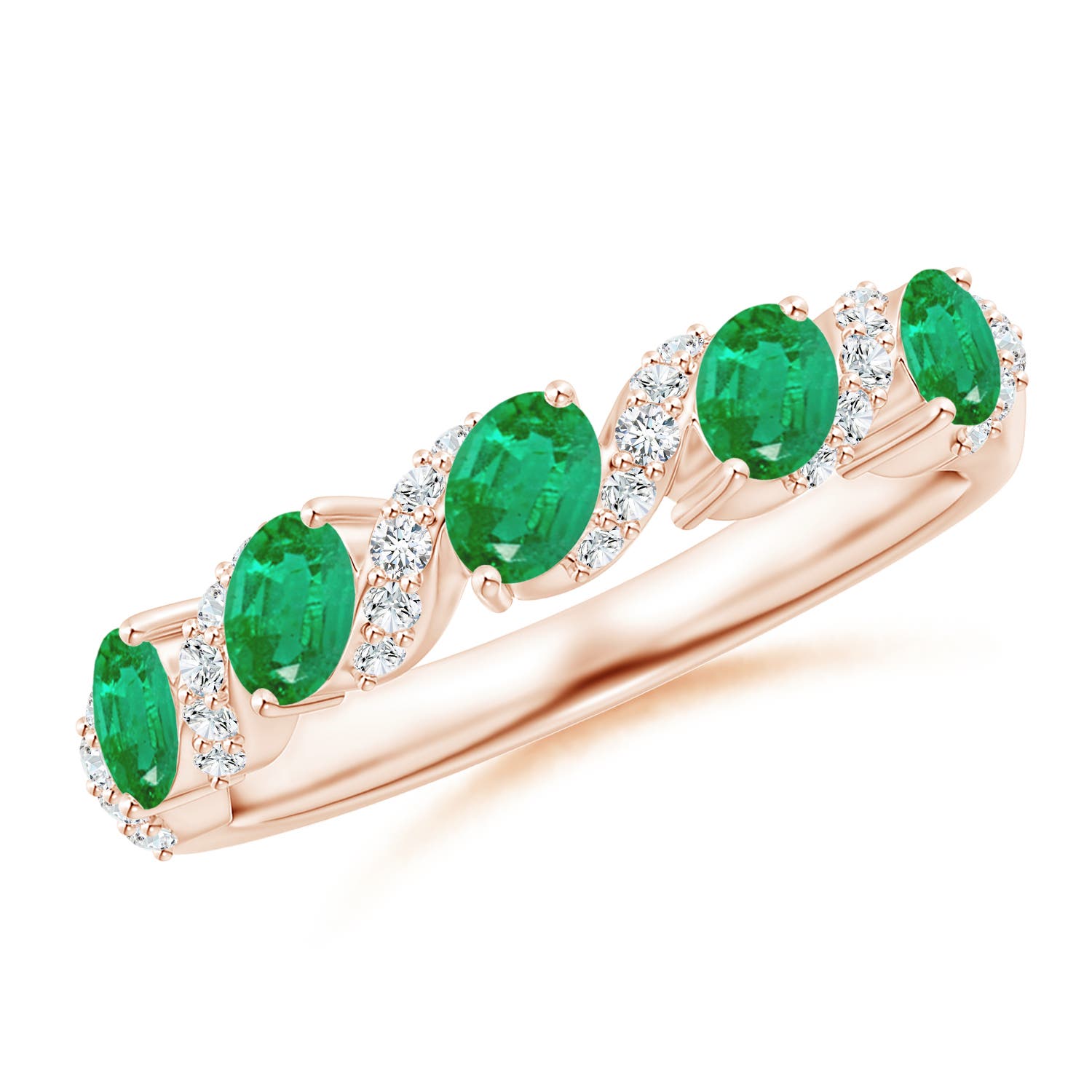 Angara 0.6 Carat Five Stone Oval Emerald Swirl Ring with Diamonds in 14K Rose Gold