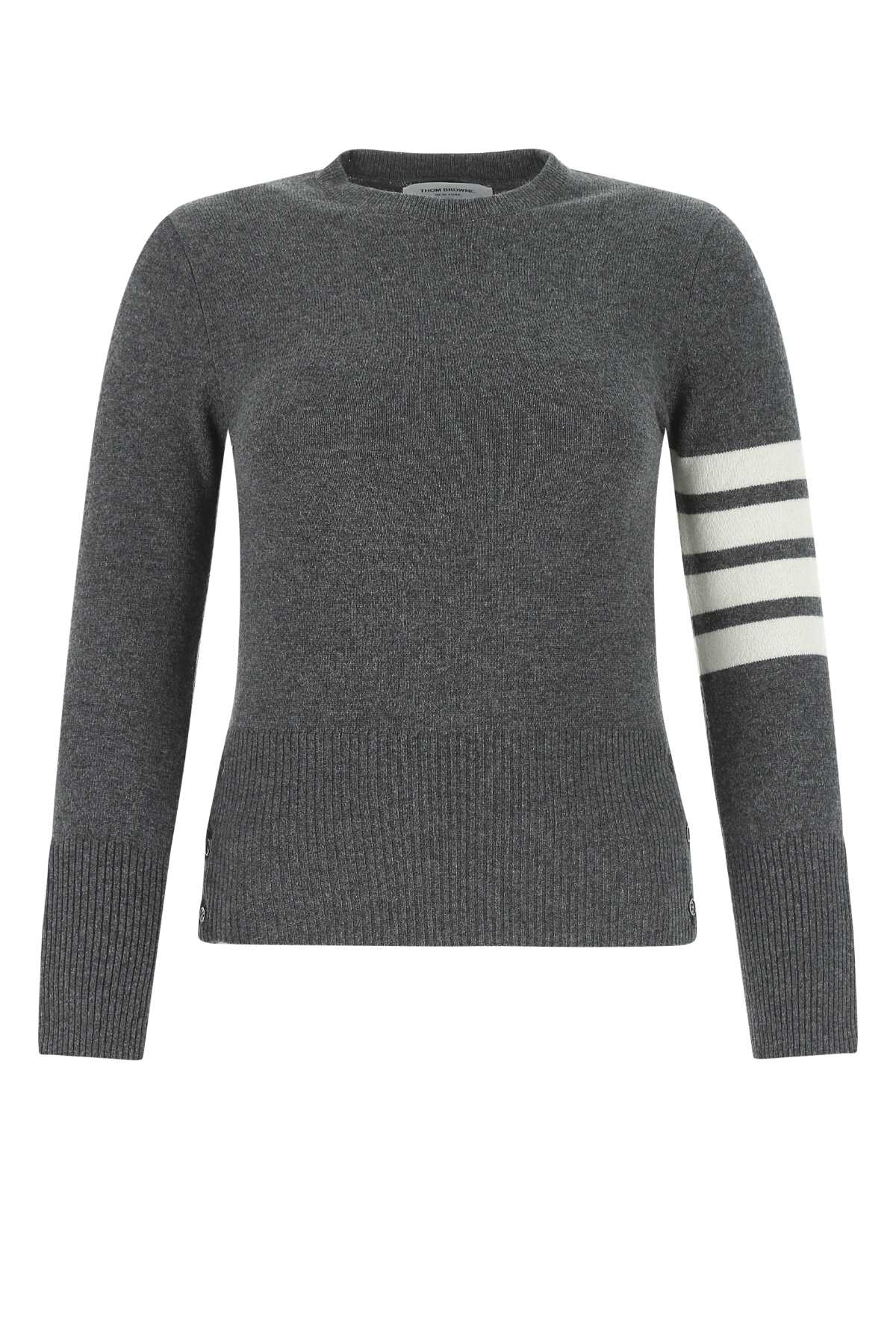 Crew neck Pullover With White 4-Bar Stripe In Grey Cashmere