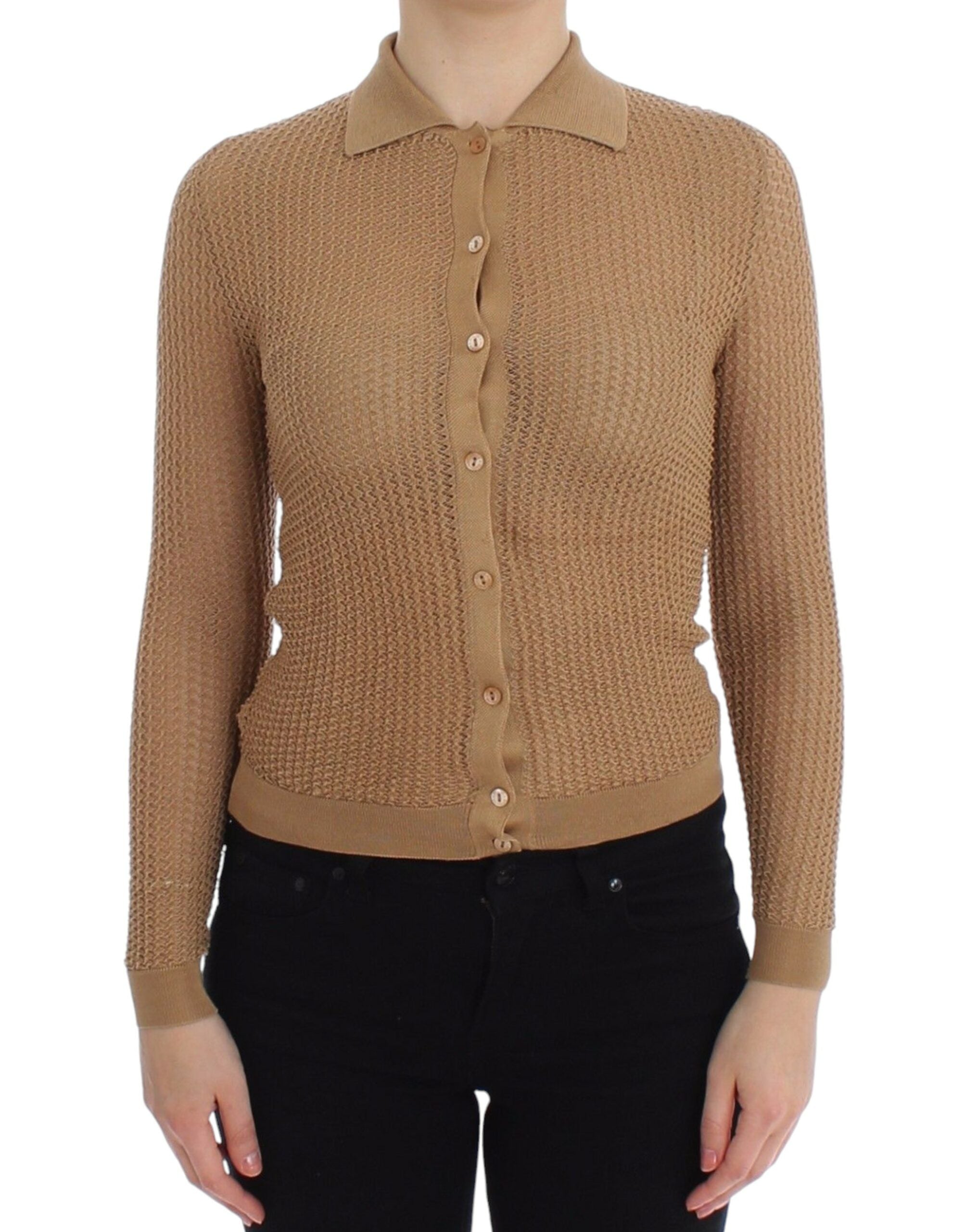 Knitted Cotton Polo Cardigan — Beige