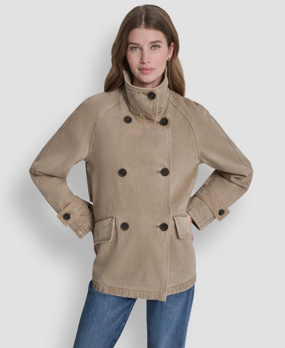 Women's Denim Double Breasted A-Line Coat - Khaki