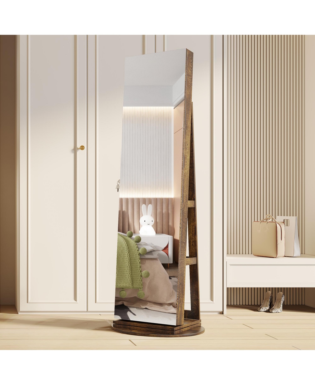 360° Swivel Free-Standing Jewelry Armoire Cabinet with Mirror - Brown
