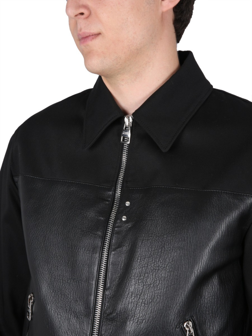 Black Leather And Fabric Bomber Jacket