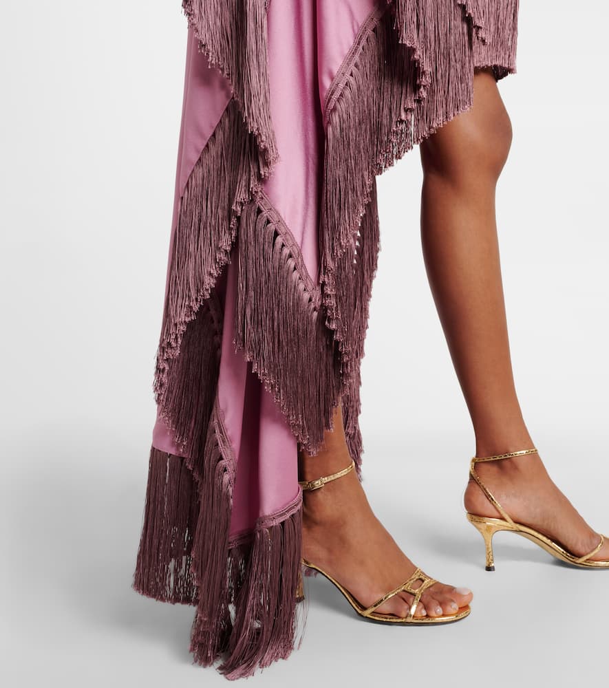 Asymmetric fringed satin kaftan