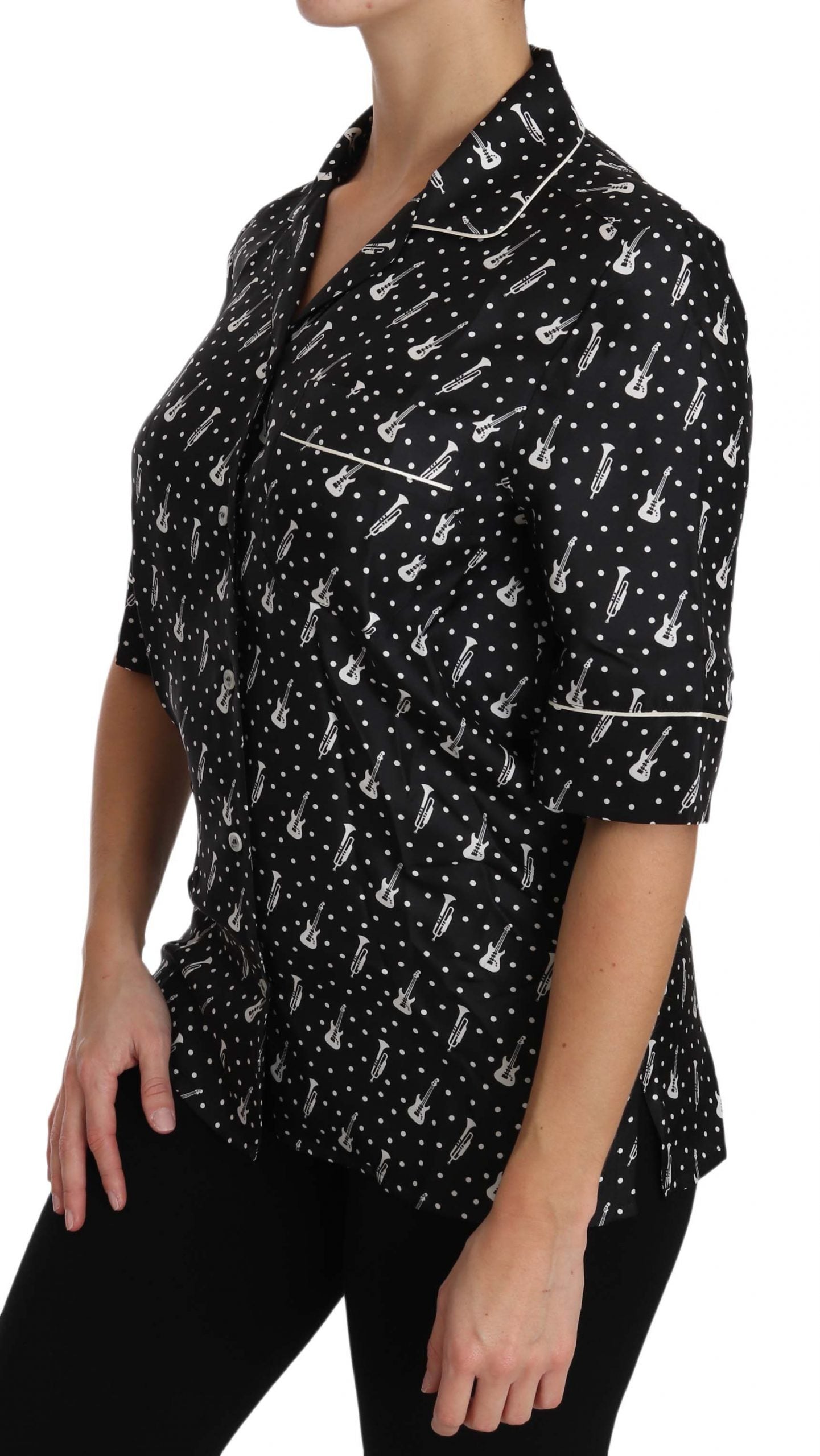 Guitar & Trumpet Print Silk Blouse — Black
