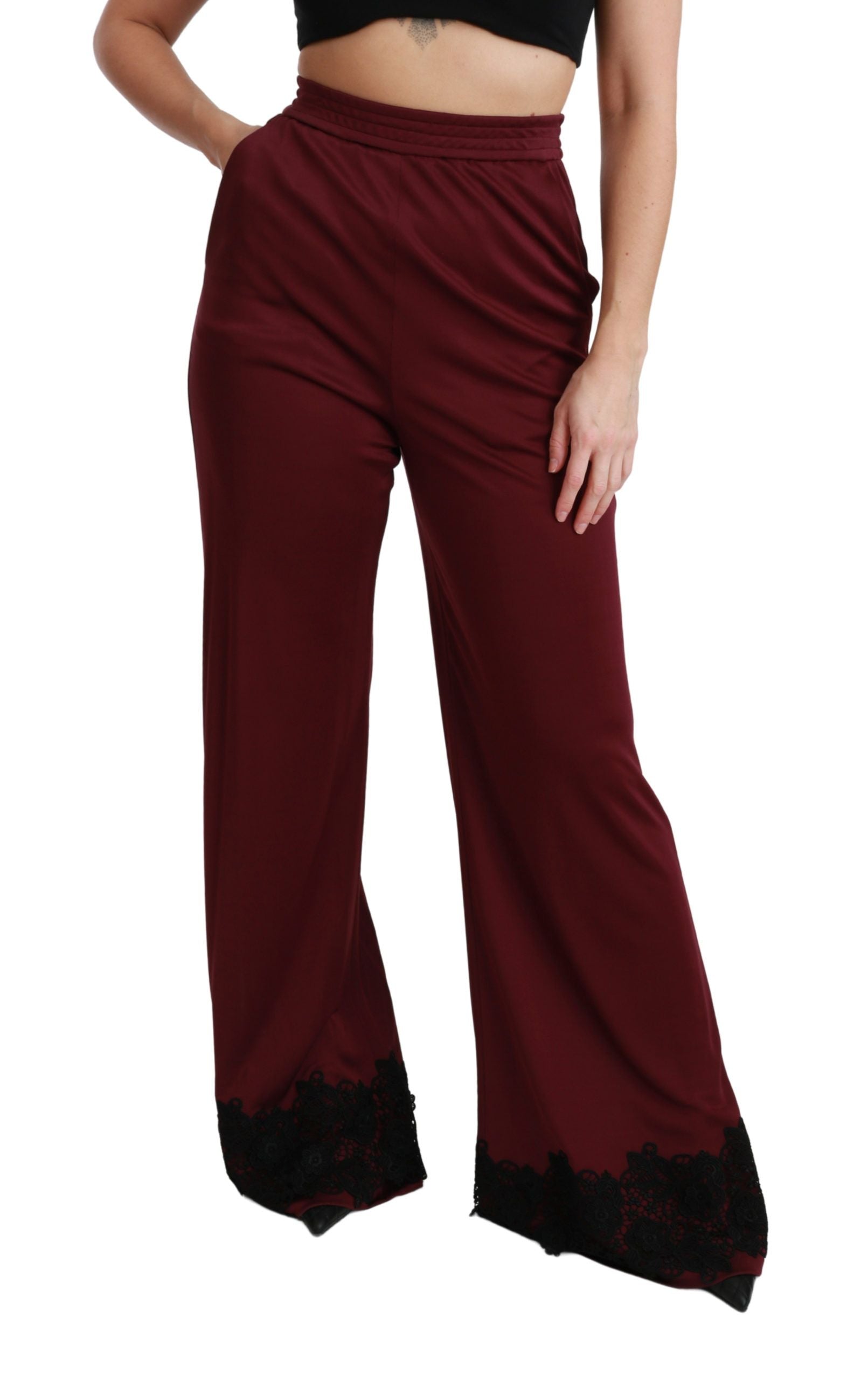 Lace-Trimmed High Waist Wide Leg Trousers — Burgundy