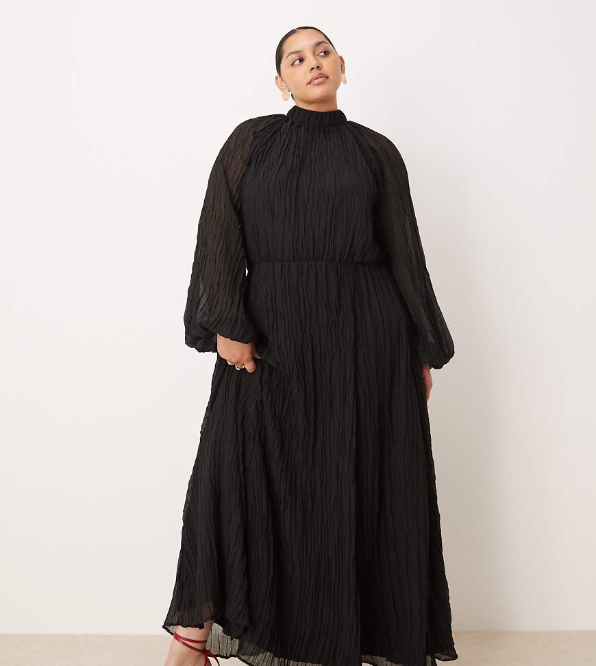 ASOS DESIGN Curve crinkle pleated blouson sleeve high neck maxi dress in black-No color