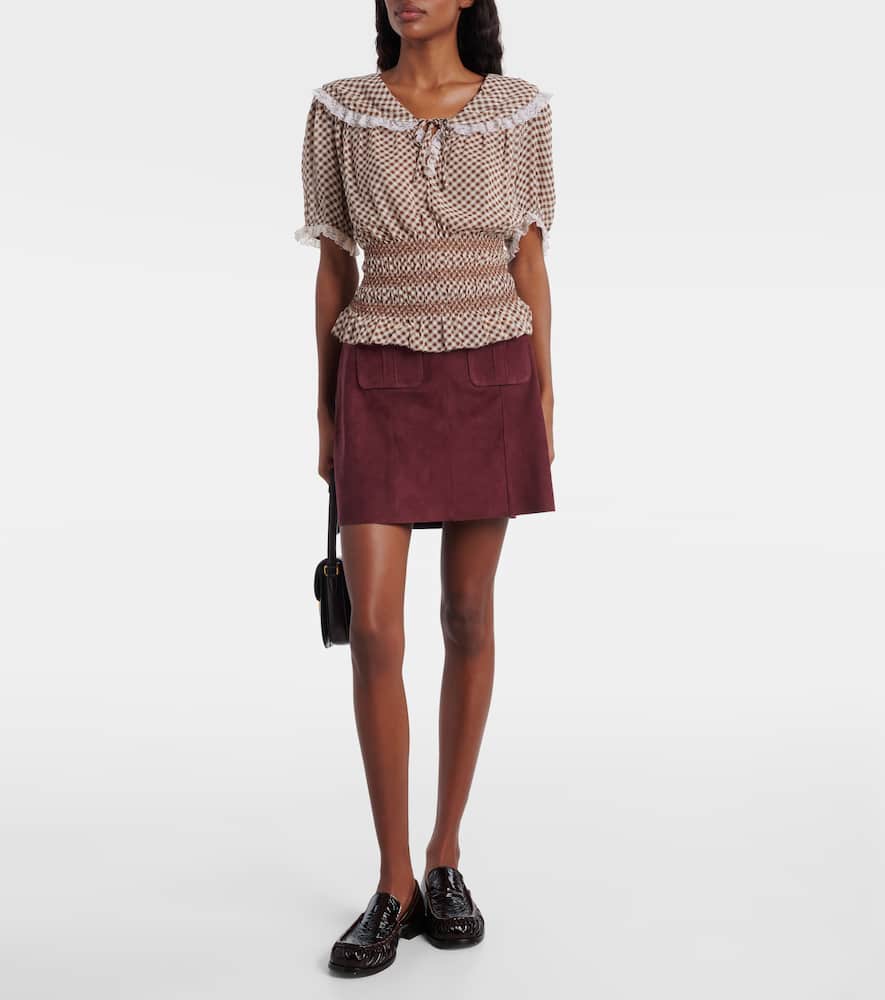 Britt gingham shirred crêpe top