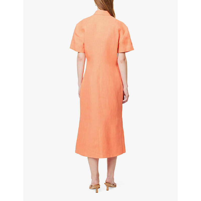 Womens Bright Coral Collar Linen Midi Dress