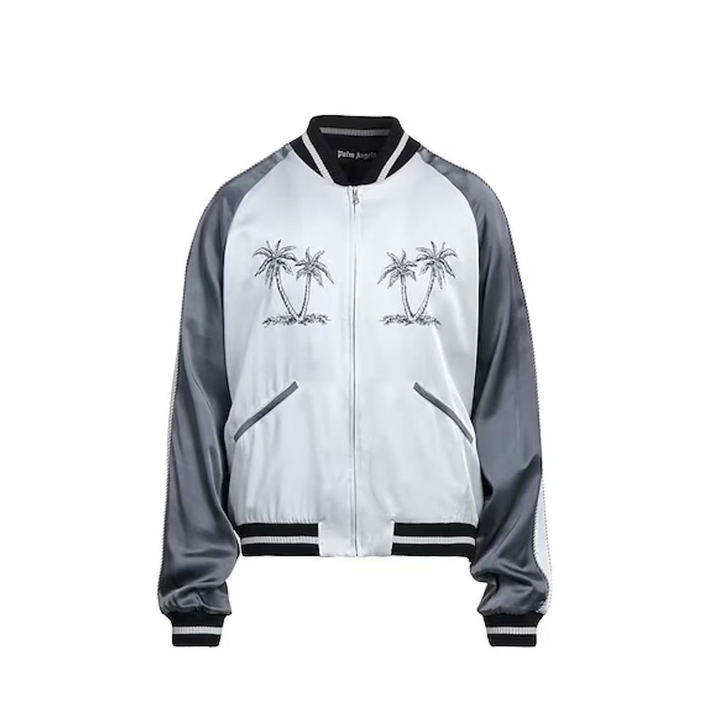 Palm-Embroidered Acetate Bomber Jacket — Gray