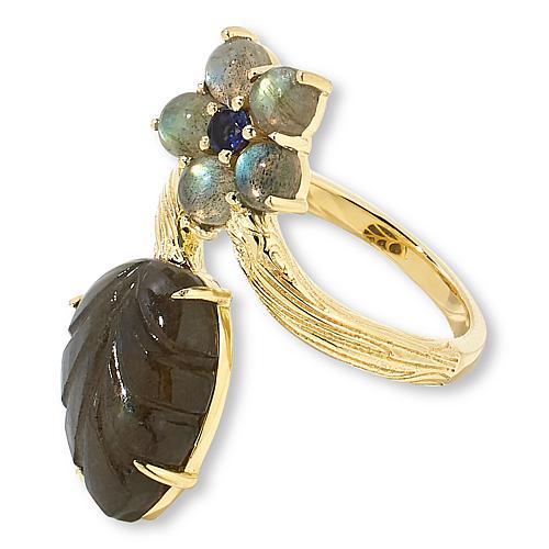 Rarities Gold-Plated Carved Gemstone Leaf and Flower Bypass Ring - Pink