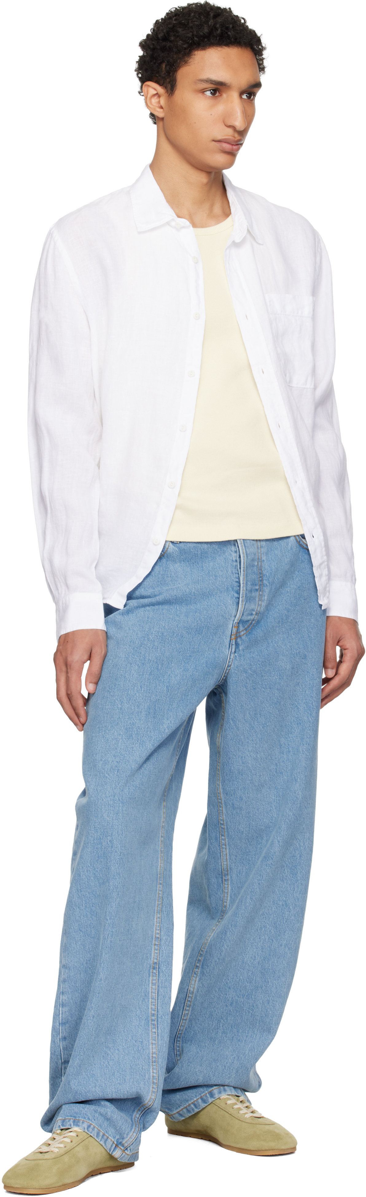 White Relaxed Linen Long Sleeve Shirt