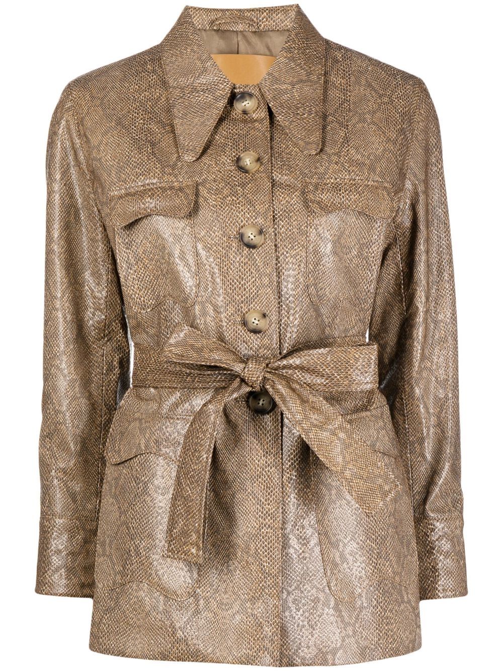 Felix snakeskin-print belted jacket - Brown