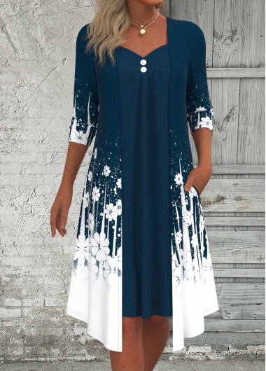 Modlily Peacock Blue Fake 2in1 Floral Print A Line Dre