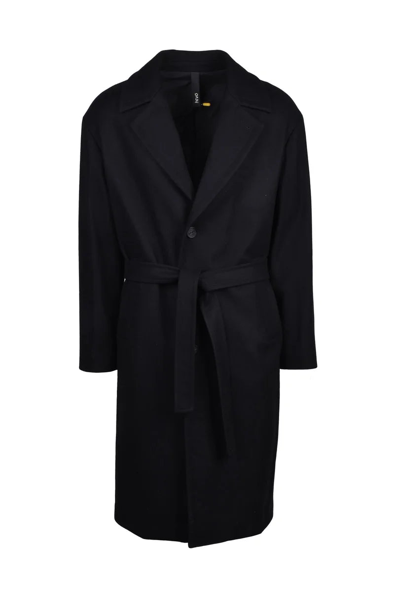 Mid-Length Black Coat with Self-Tie Belt