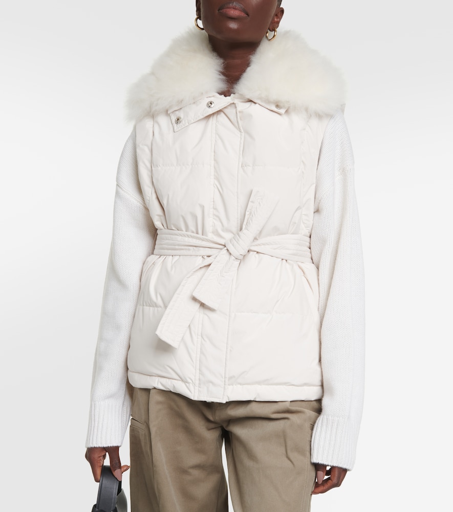 Belted shearling-trimmed down jacket