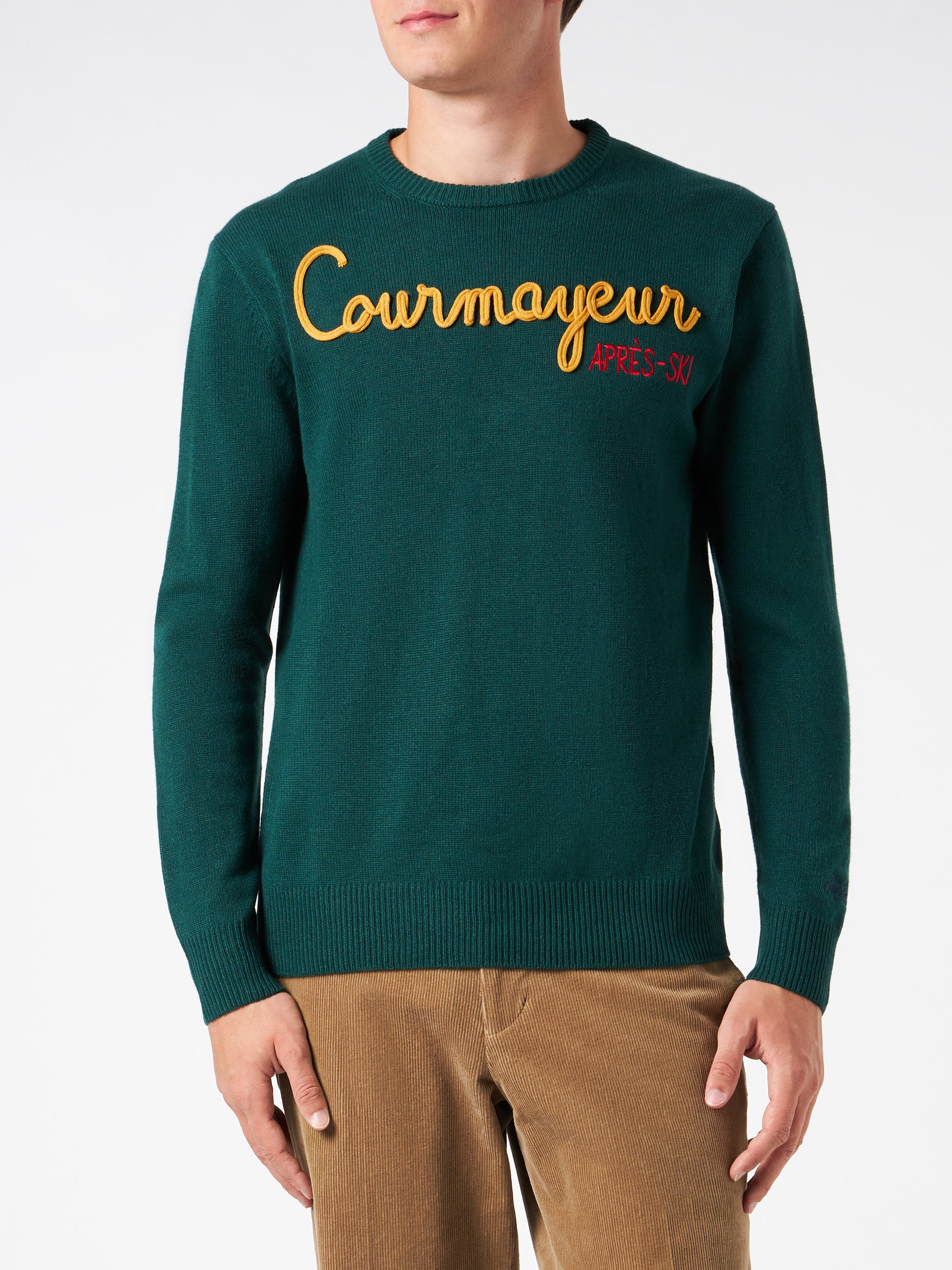 Man Crewneck Sweater With Courmayeur Après Ski Embroidery Green - Men