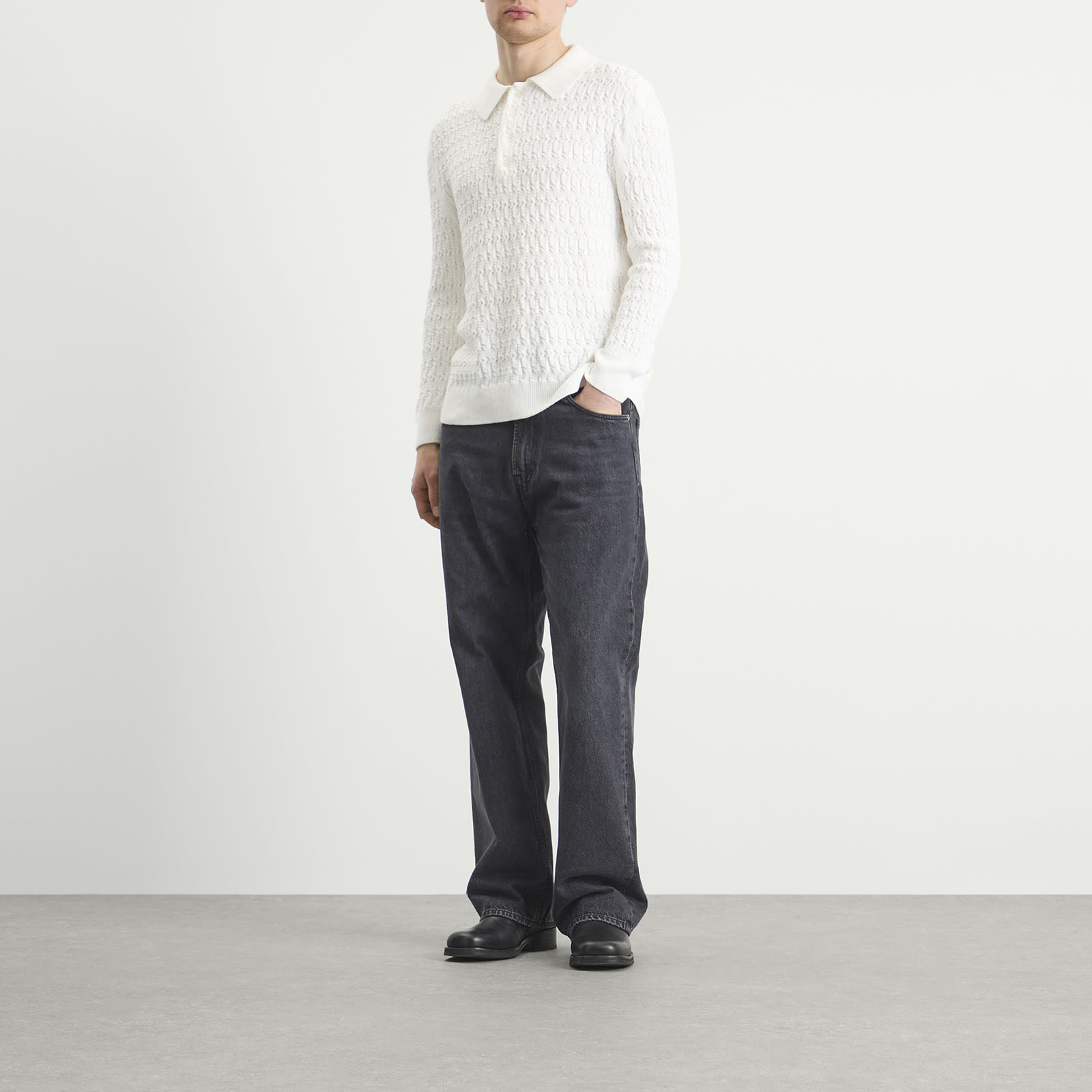 Men's Cable Polo Sweater in Cream