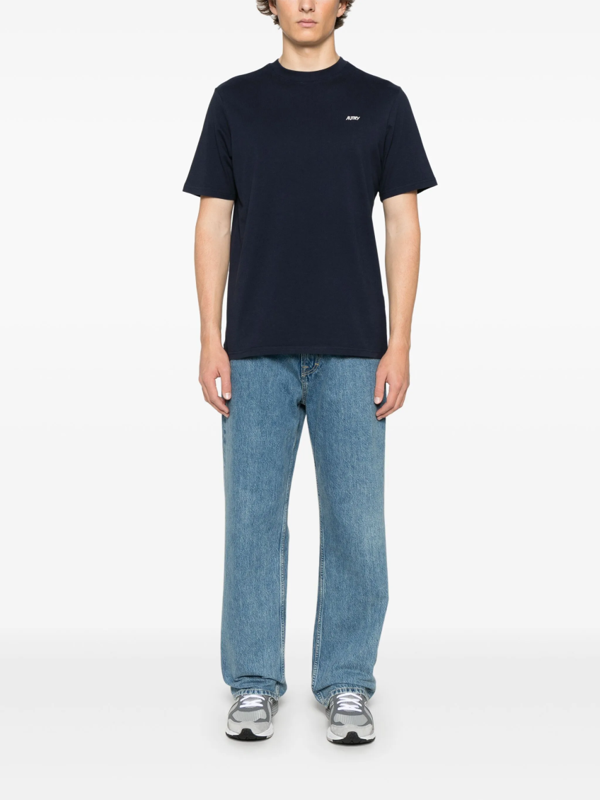 Blue Round Neck T-shirt With Logo Embroidered On The Front In Cotton Man