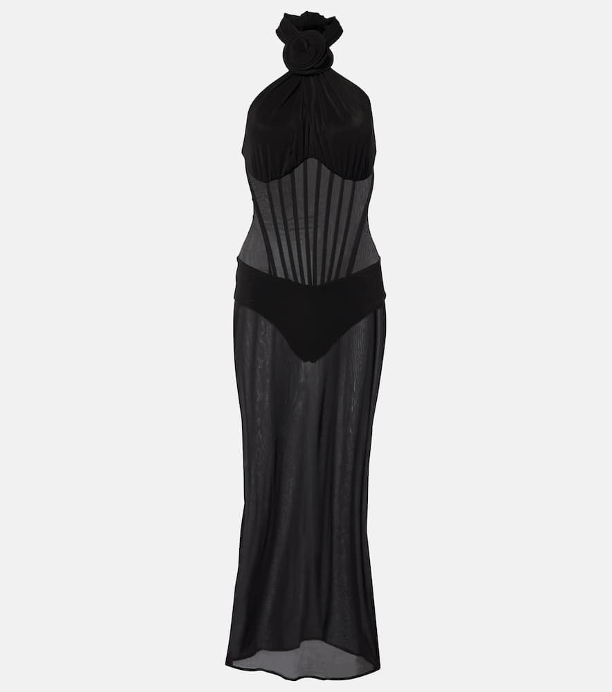 Floral-appliqué sheer cocktail dress