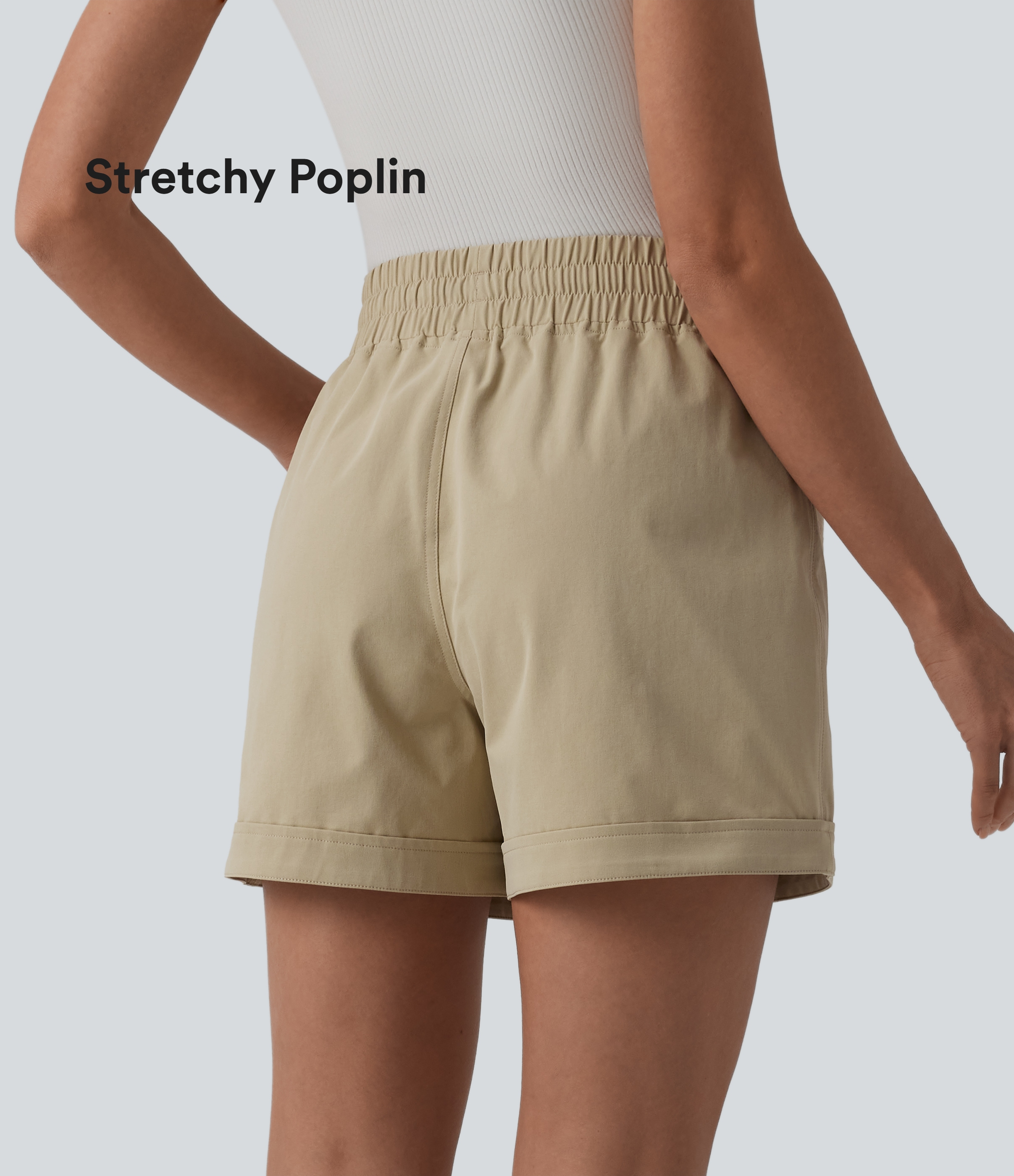 Halara Mid Rise Drawstring Stretchy Poplin Casual Baggy Shorts with Pockets - Fields of Rye