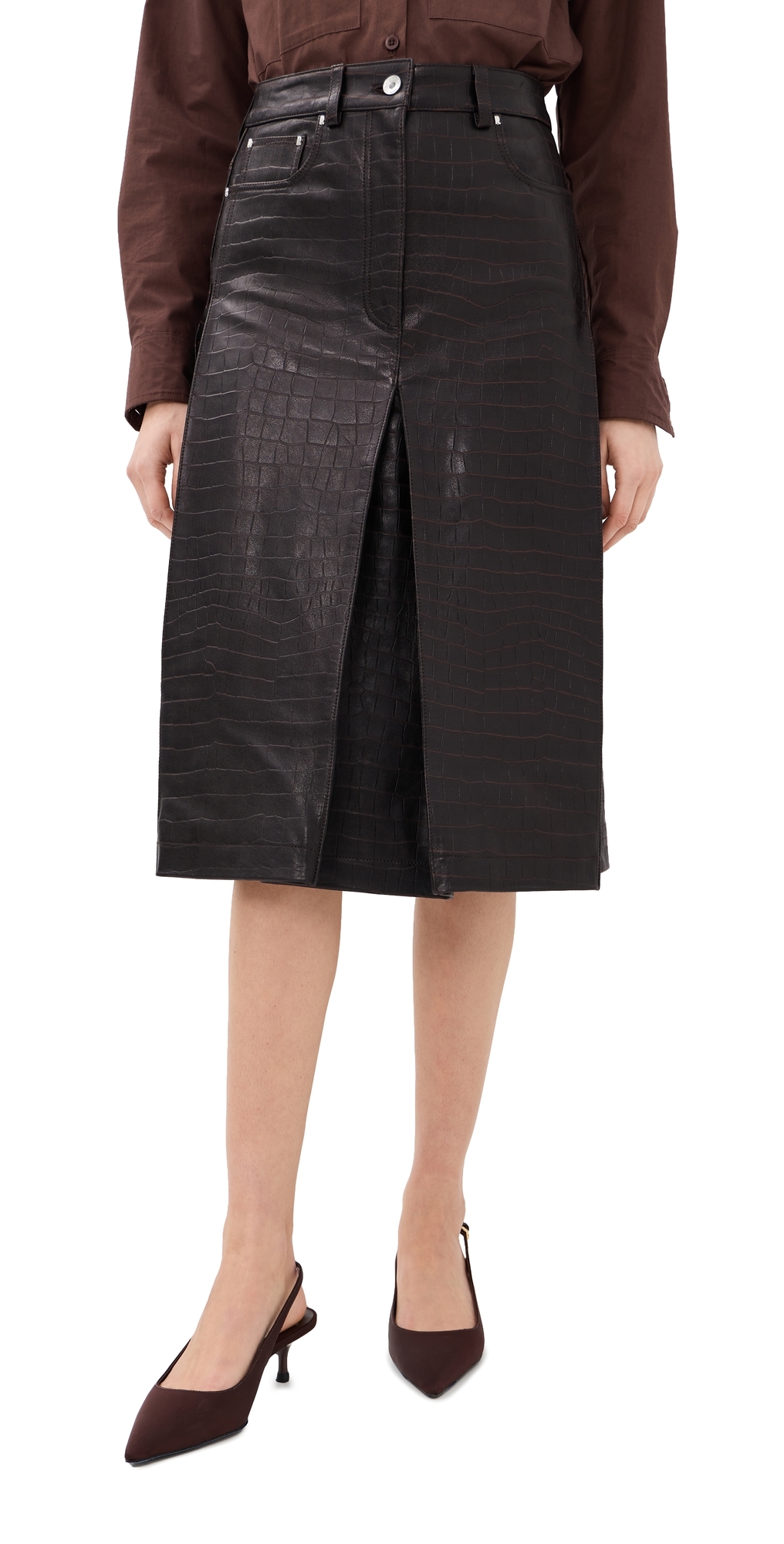Lamb Leather Croc Embossed Skirt Dark Brown