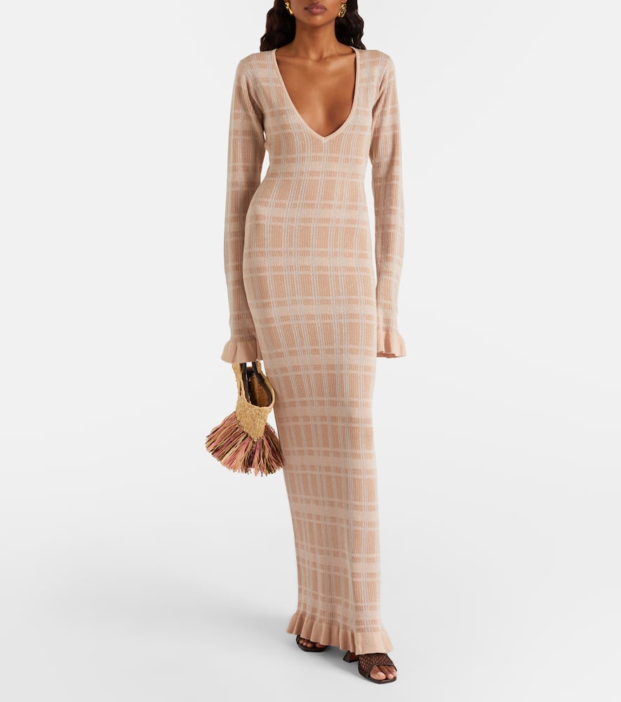 Ether checked ribbed-knit ruffled maxi dress
