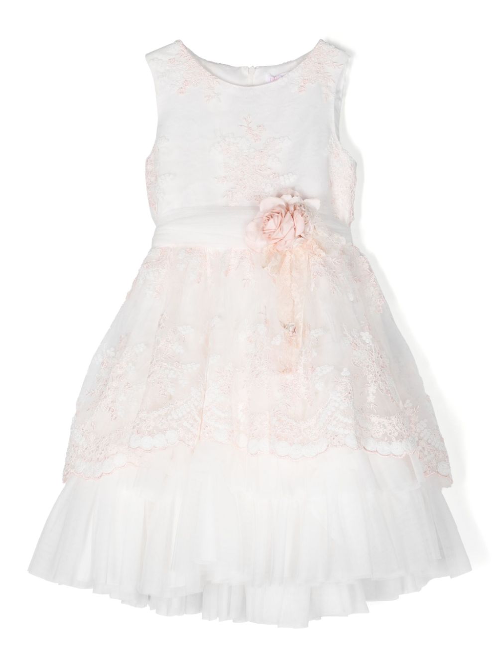 Floral-appliqué full-skirt dress - White