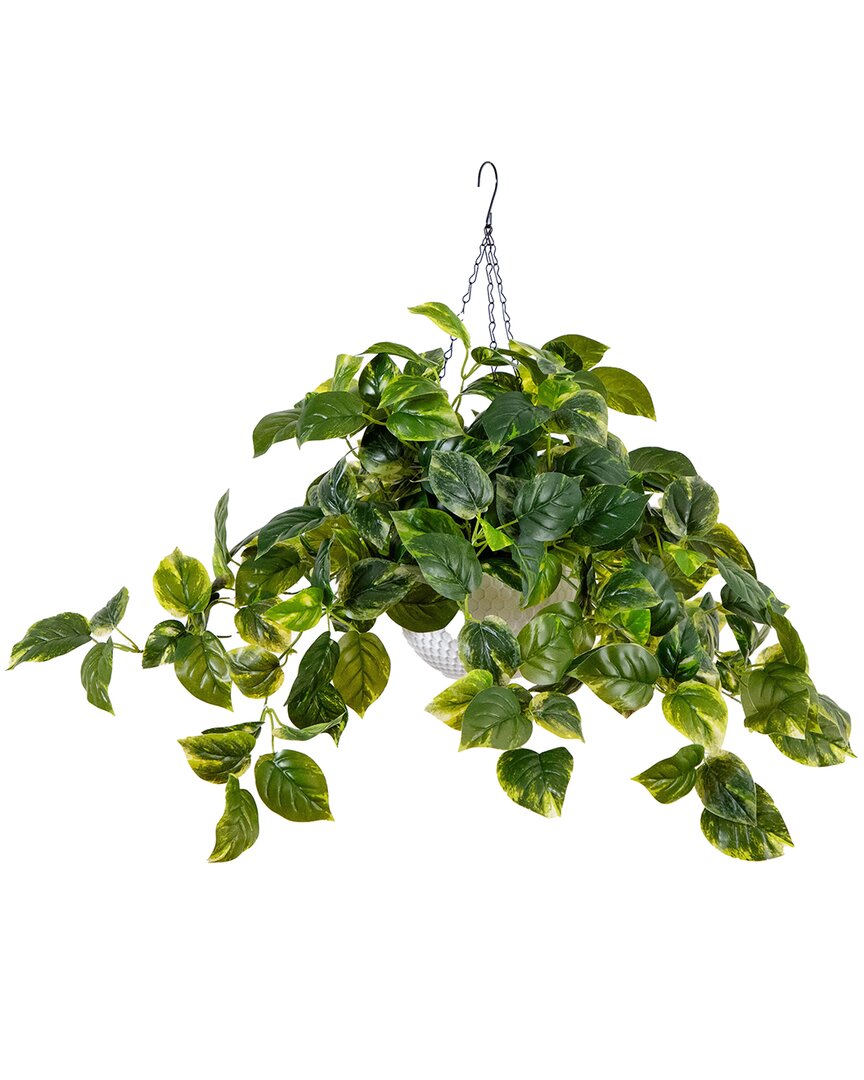 Indoor/Outdoor UV-Resistant Artificial Pothos with 50 Warm White LED Lights in Hanging Basket