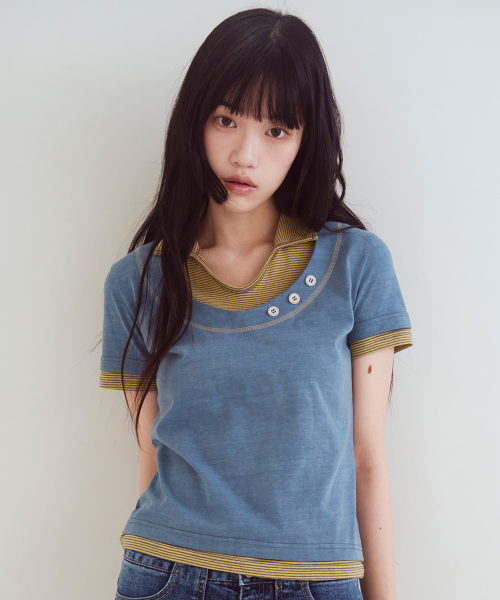 Stripe Layered Collar T-Shirts