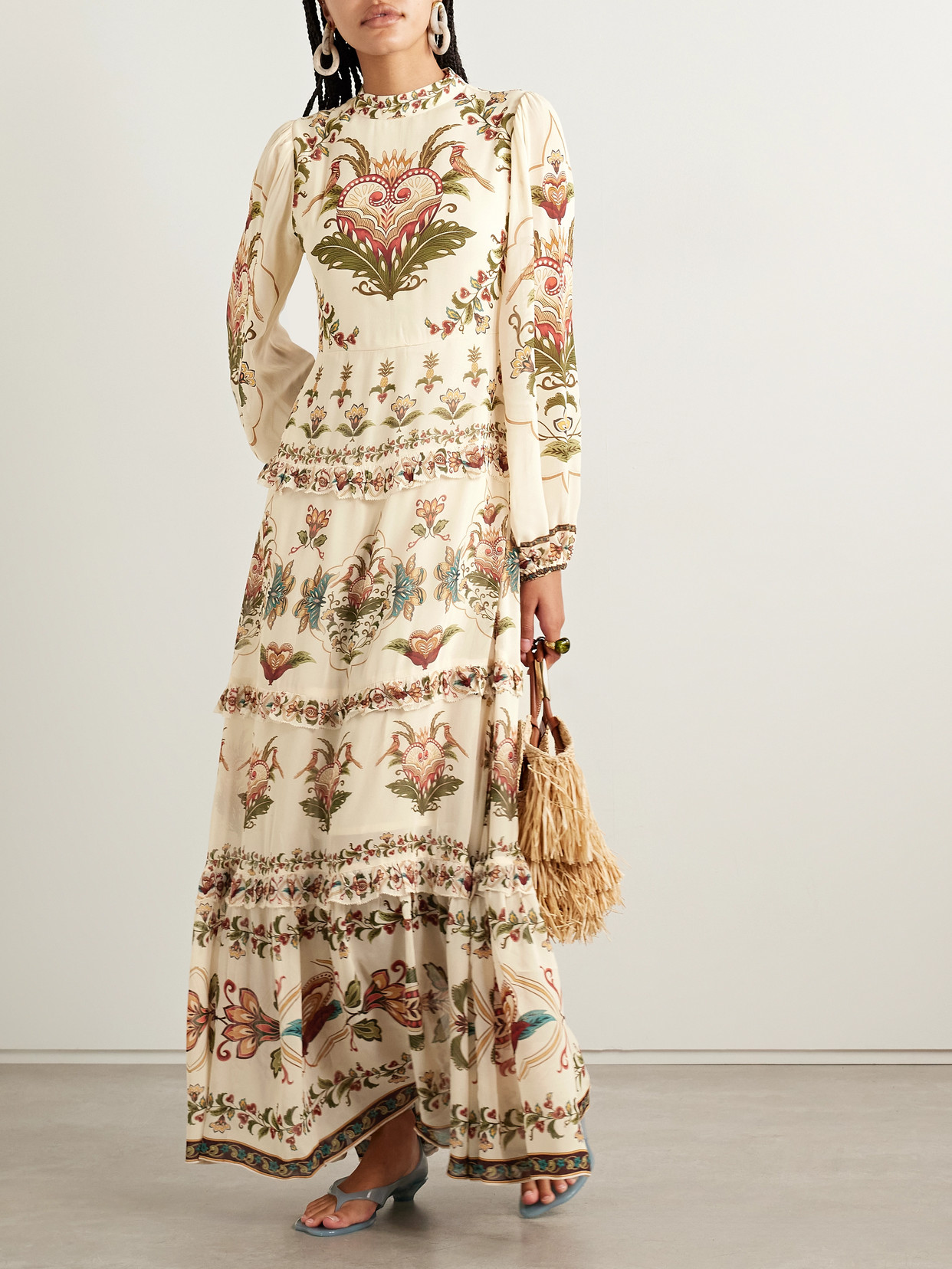 Majestic Hearts Tiered Floral-print Georgette Maxi Dress - Cream