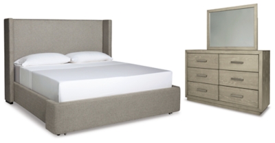 Fawnburg Queen Upholstered Bed with Mirrored Dresser, Gray