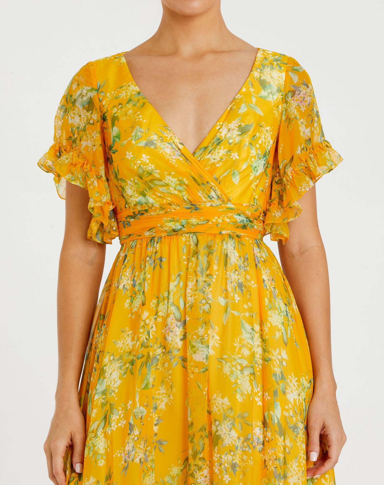 Yellow Multicolor Flounce Sleeve Floral Maxi Wedding Guest Dress In