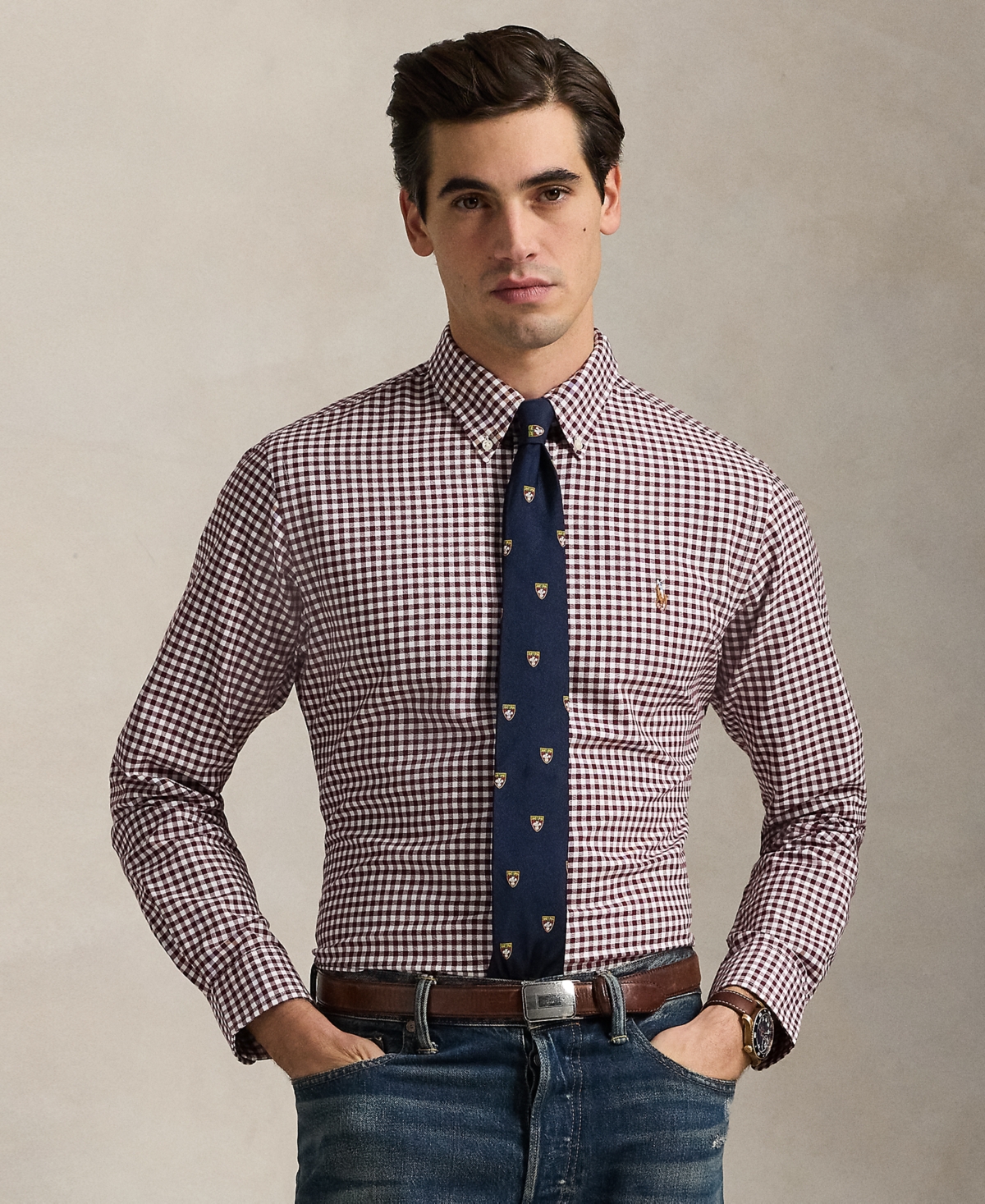 Men's Custom-Fit Gingham Oxford Shirt - Wine/white
