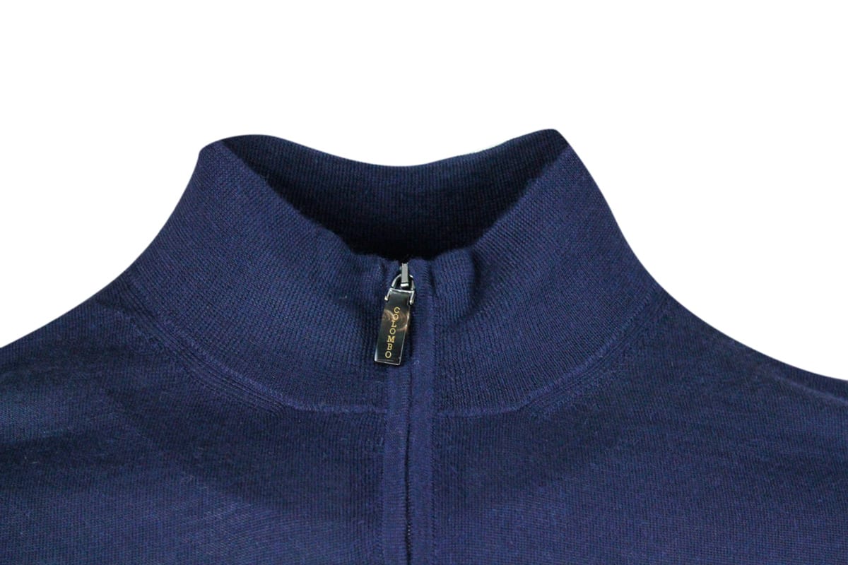 Light Half-Zip Long-Sleeved Sweater In Fine 100% Cashmere And Silk With Special Processing On The Profile Of The Neck