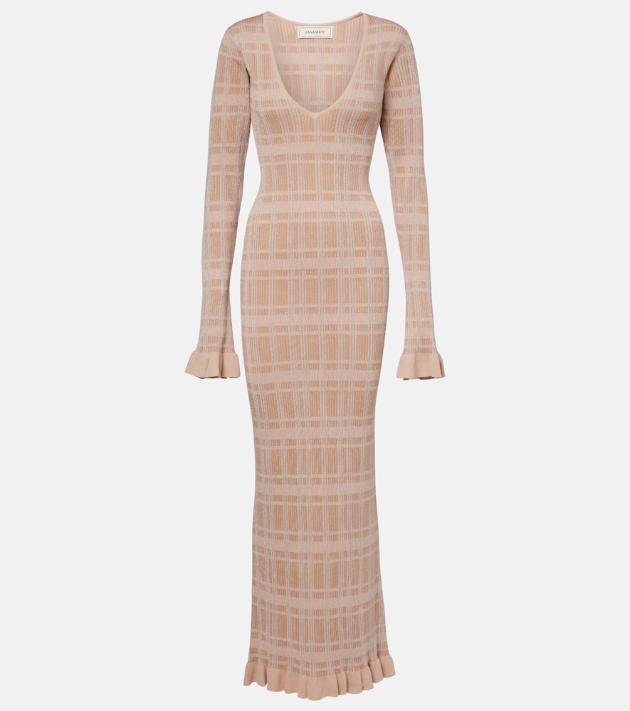Ether checked ribbed-knit ruffled maxi dress