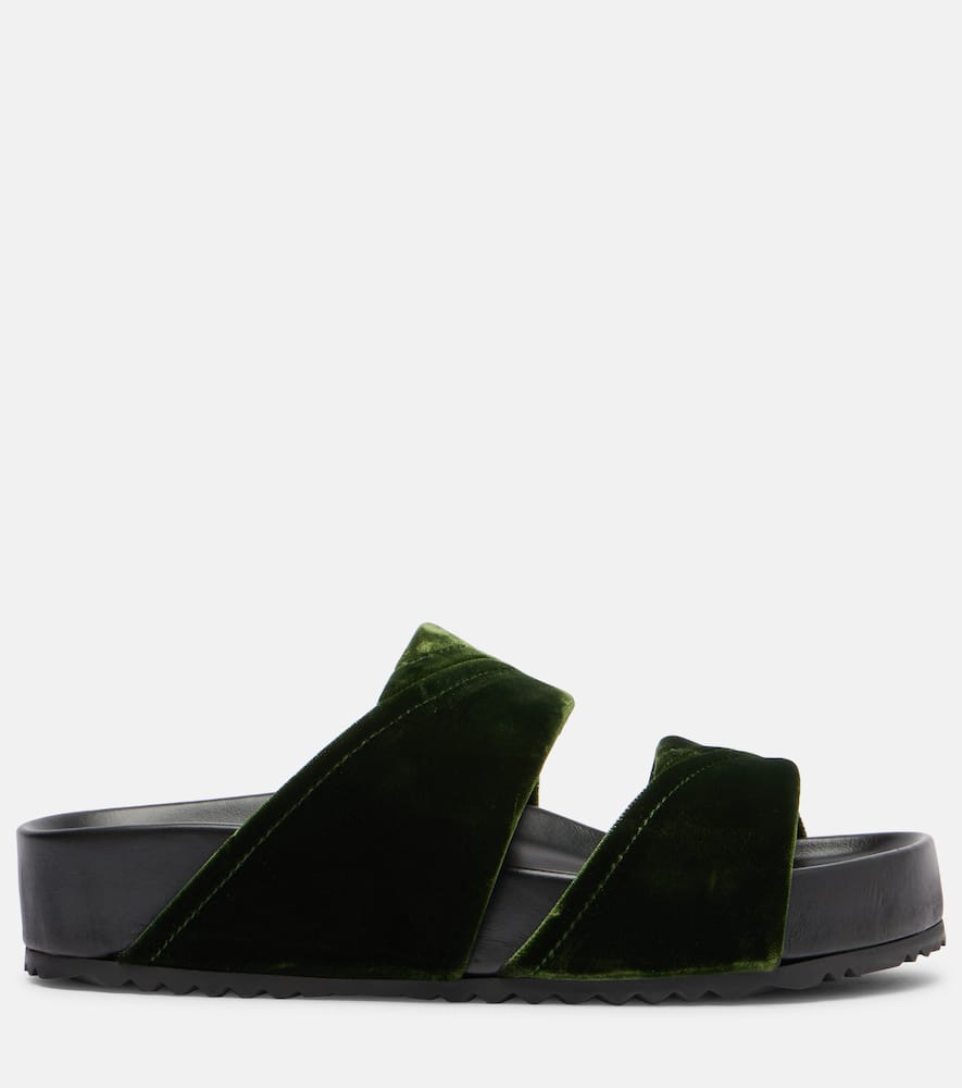 Leather-trimmed velvet slides