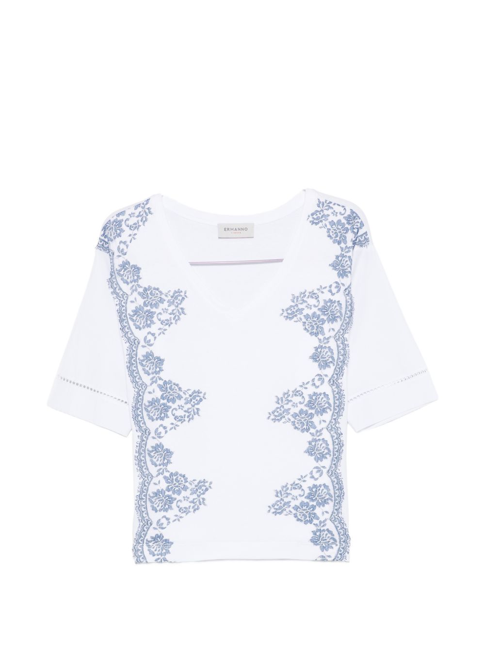 V-neck short sleeves pointelle detailing Embroidered cotton t-shirt