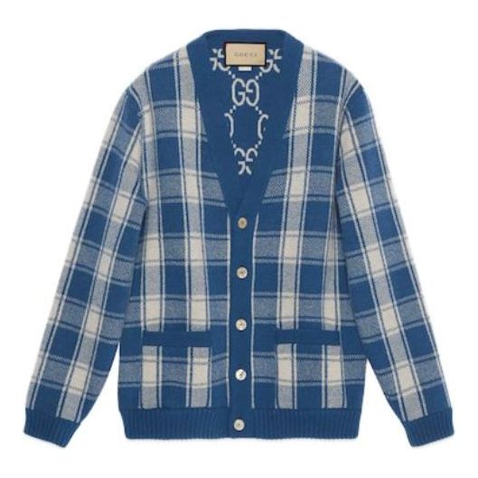 Reversible Checked Wool Cardigan 'Blue Ivory'