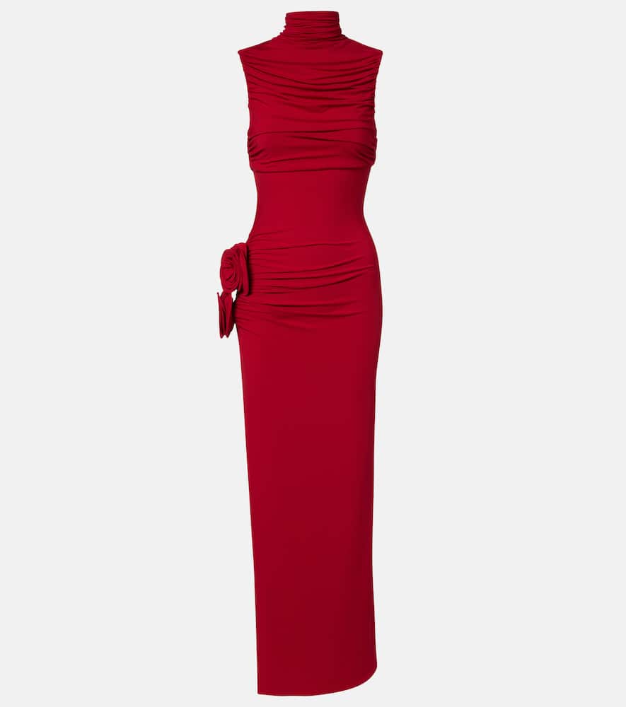 Floral-appliqué draped gown