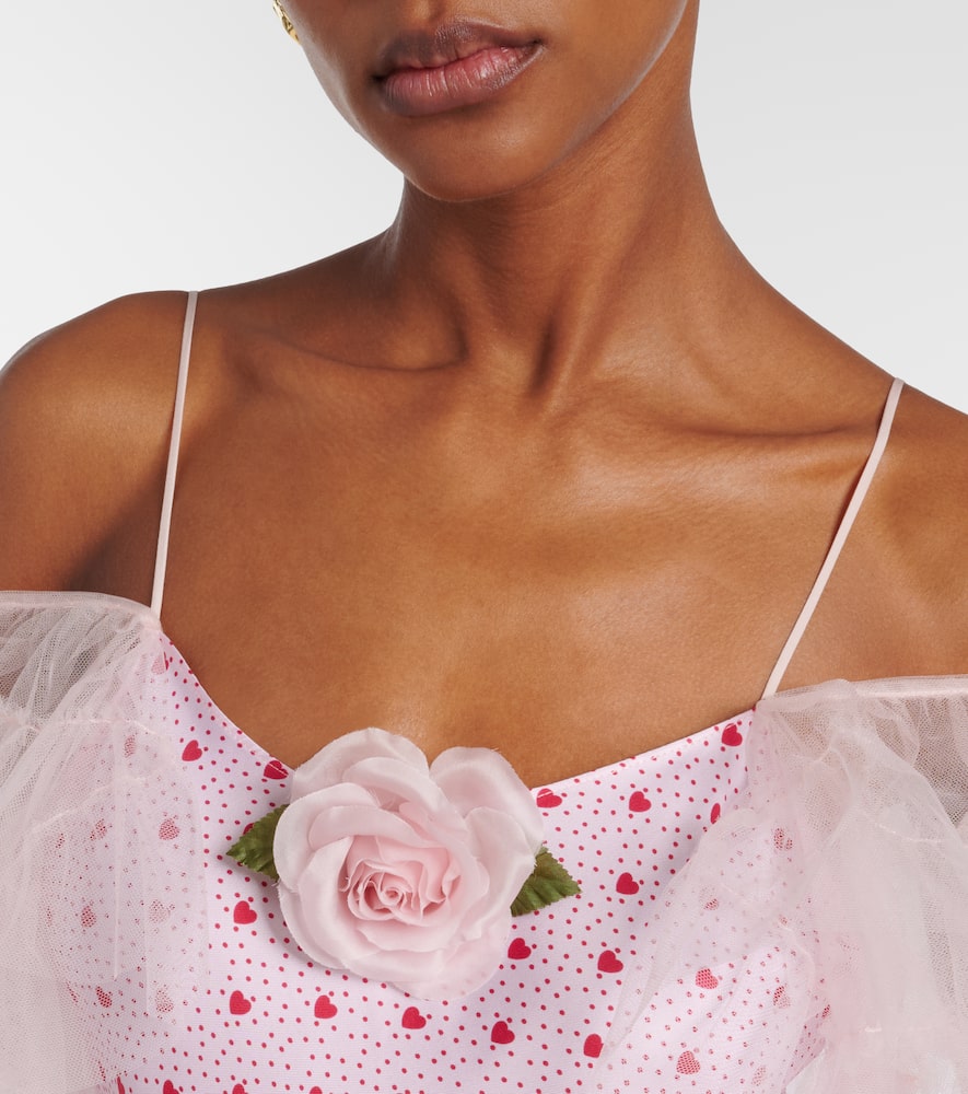 Floral-appliqué printed silk slip dress
