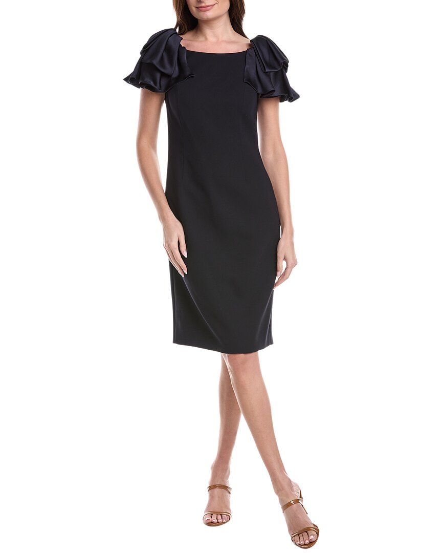 Crepe Boatneck Satin Ruffle Shoulder Dress