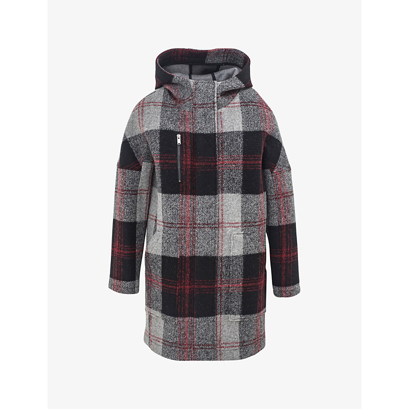 Womens Charcoal Grey Checked Hooded Woven Coat