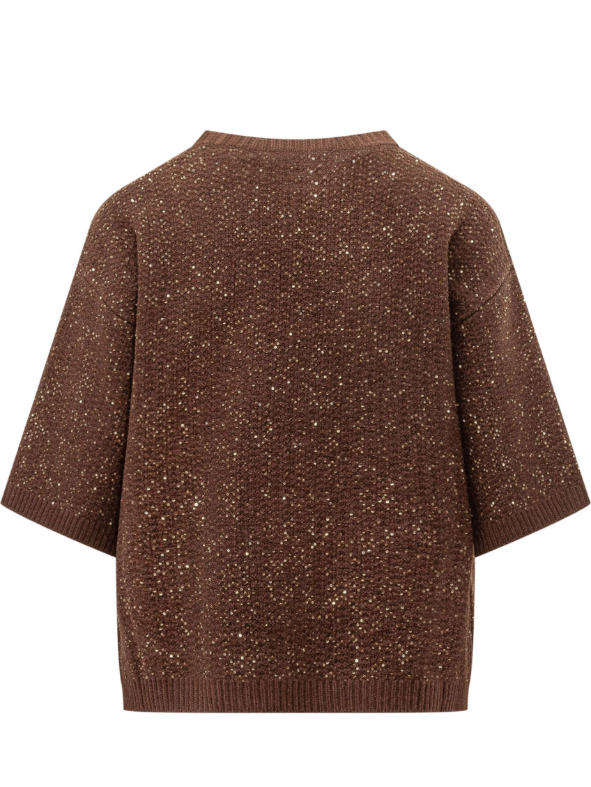 Brown Embellished Crew Neck Sweater