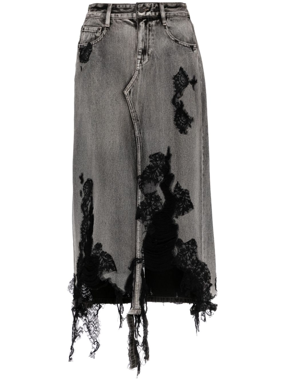 Lace patchwork denim long skirt - Black