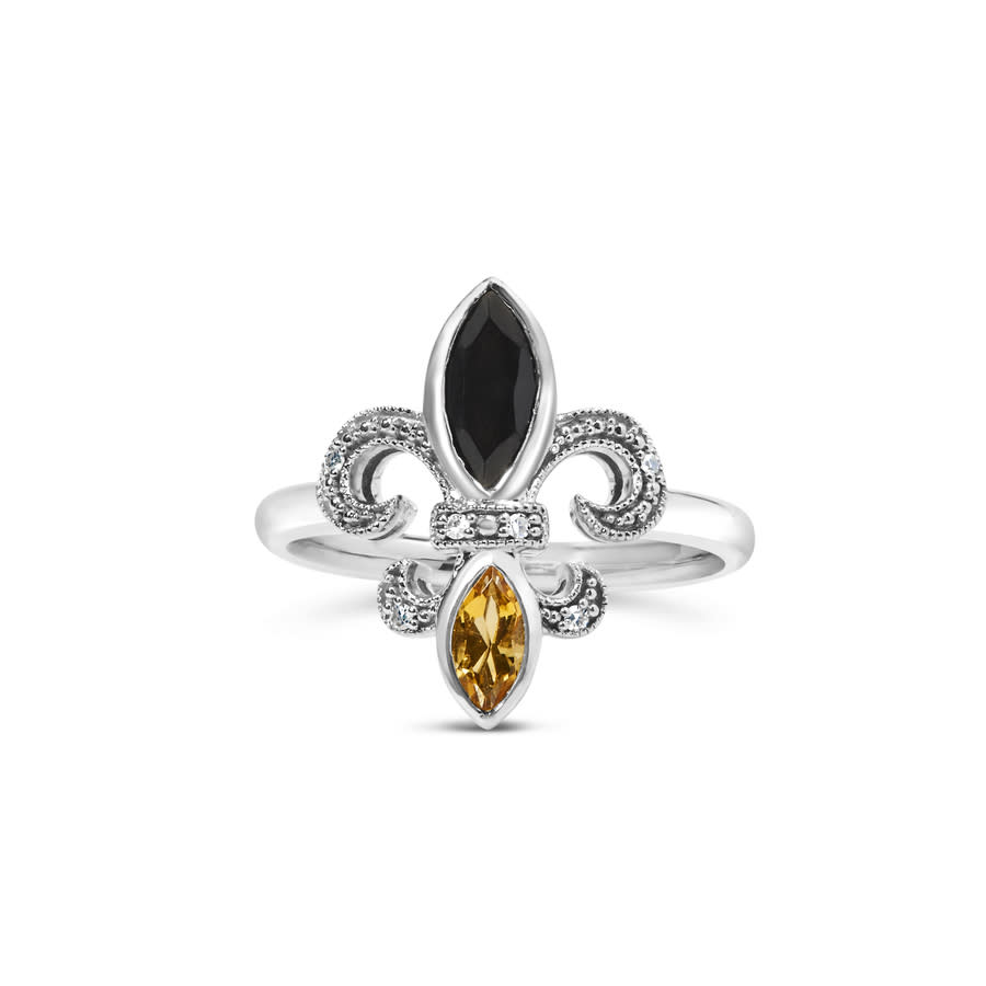 .925 Sterling Silver Black Onyx Yellow Citrine Marquise & Diamond Accent Fleur De Lis Ring- Size 6.5