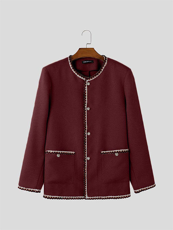 Mens Solid Color Checkered Long Sleeve Cardigan SKUK84778 - Wine Red / S
