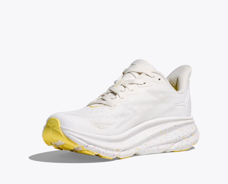 HOKA Women's Clifton 9 Shoes in White/Lemonade